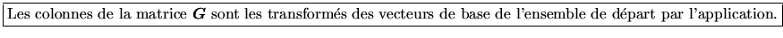 \fbox{Les colonnes de la matrice \mbox{\boldmath $G$} sont les transforms des vecteurs de base de l'ensemble de dpart par l'application.}